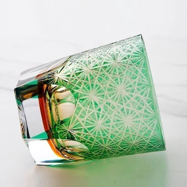 Alt view image 6 of 7 - Hand Cut To Clear Blue/Green 9oz Edo Kiriko Crystal Whiskey Glasses Gift Packing