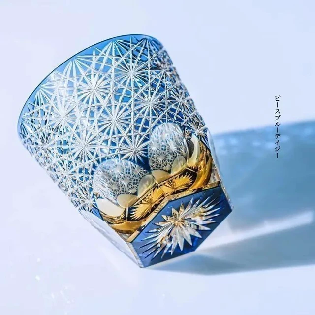 Alt view image 7 of 7 - Hand Cut To Clear Blue/Green 9oz Edo Kiriko Crystal Whiskey Glasses Gift Packing