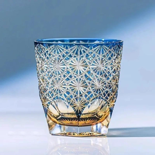 Main image of Hand Cut To Clear Blue/Green 9oz Edo Kiriko Crystal Whiskey Glasses Gift Packing