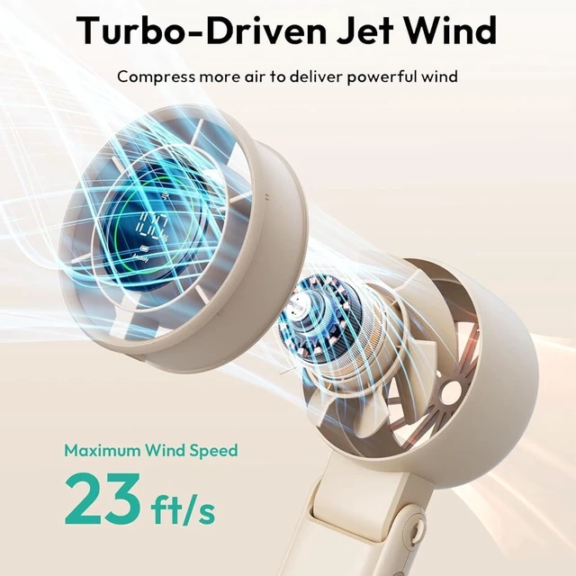 Alt view image 2 of 7 - Portable Handheld Turbo Fan - 5 Speed Mini Personal Fan with Strong Airflow, Foldable 3 in 1 5000mAh Rechargeable Battery Operated Trave Essentials Hand Fans for Indoor/Outdoor Use, Beige