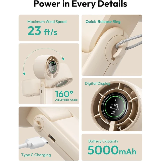 Alt view image 3 of 7 - Portable Handheld Turbo Fan - 5 Speed Mini Personal Fan with Strong Airflow, Foldable 3 in 1 5000mAh Rechargeable Battery Operated Trave Essentials Hand Fans for Indoor/Outdoor Use, Beige