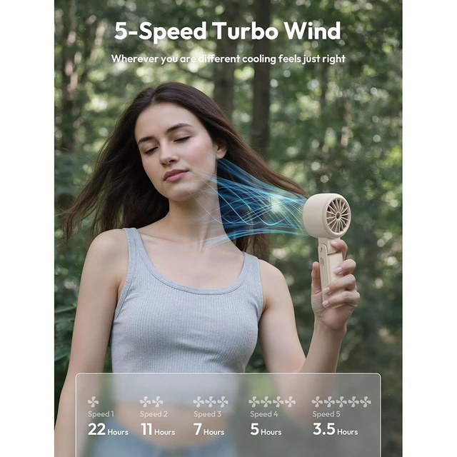 Alt view image 6 of 7 - Portable Handheld Turbo Fan - 5 Speed Mini Personal Fan with Strong Airflow, Foldable 3 in 1 5000mAh Rechargeable Battery Operated Trave Essentials Hand Fans for Indoor/Outdoor Use, Beige