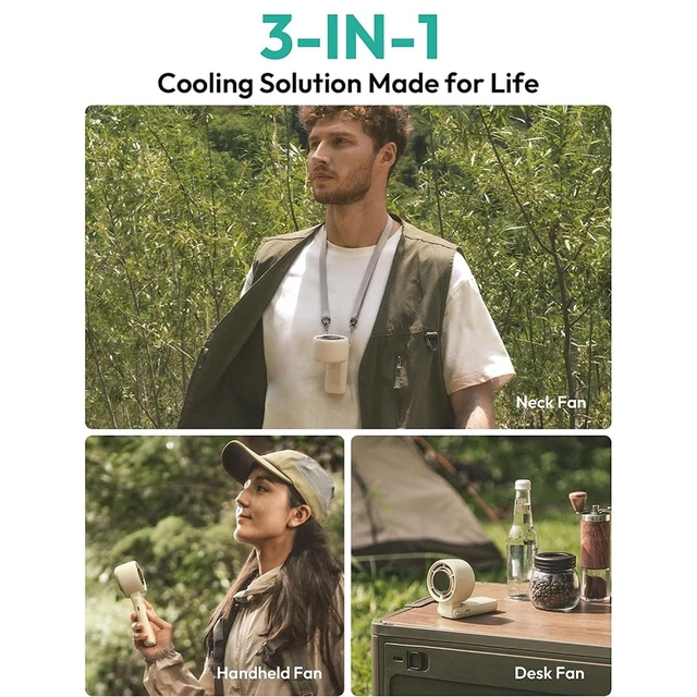 Alt view image 7 of 7 - Portable Handheld Turbo Fan - 5 Speed Mini Personal Fan with Strong Airflow, Foldable 3 in 1 5000mAh Rechargeable Battery Operated Trave Essentials Hand Fans for Indoor/Outdoor Use, Beige