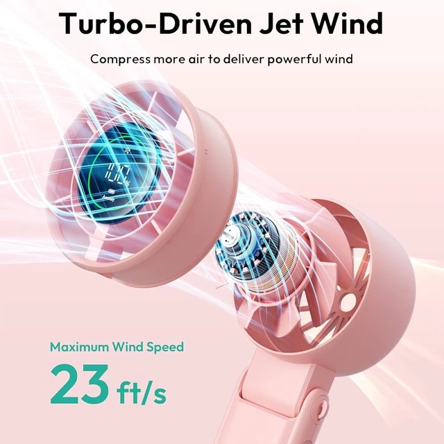 Alt view image 2 of 7 - Portable Handheld Turbo Fan - 5 Speed Mini Personal Fan with Strong Airflow, Foldable 3 in 1 5000mAh Rechargeable Battery Operated Trave Essentials Hand Fans for Indoor/Outdoor Use, Pink