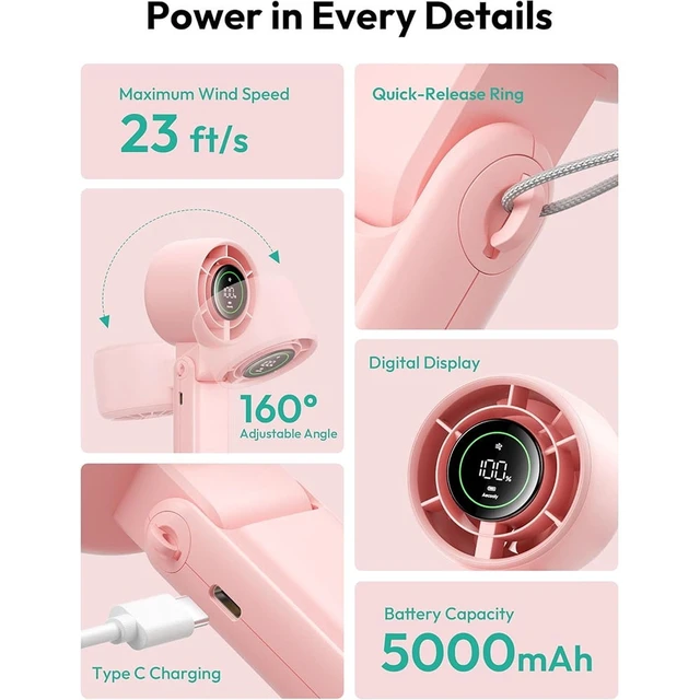 Alt view image 4 of 7 - Portable Handheld Turbo Fan - 5 Speed Mini Personal Fan with Strong Airflow, Foldable 3 in 1 5000mAh Rechargeable Battery Operated Trave Essentials Hand Fans for Indoor/Outdoor Use, Pink