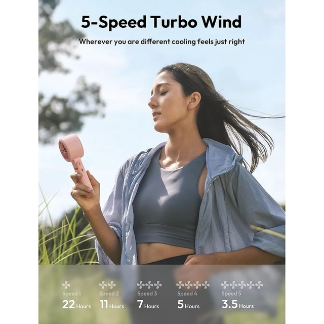 Alt view image 7 of 7 - Portable Handheld Turbo Fan - 5 Speed Mini Personal Fan with Strong Airflow, Foldable 3 in 1 5000mAh Rechargeable Battery Operated Trave Essentials Hand Fans for Indoor/Outdoor Use, Pink