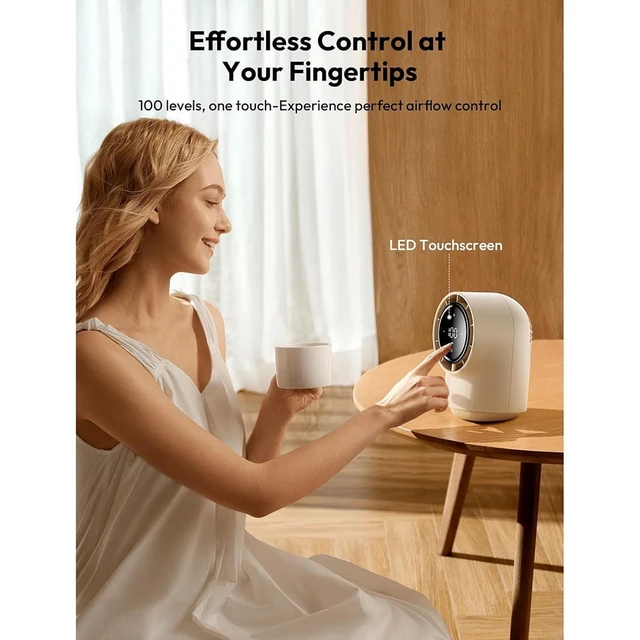 Alt view image 3 of 6 - Rechargeable USB Desk Fan, Quiet Table Fan with Turbo Airflow, 100 Speeds, Digital Display, 4000mAh Battery Powered, Small Battery Desktop Fans for Bedroom Home Office, Beige