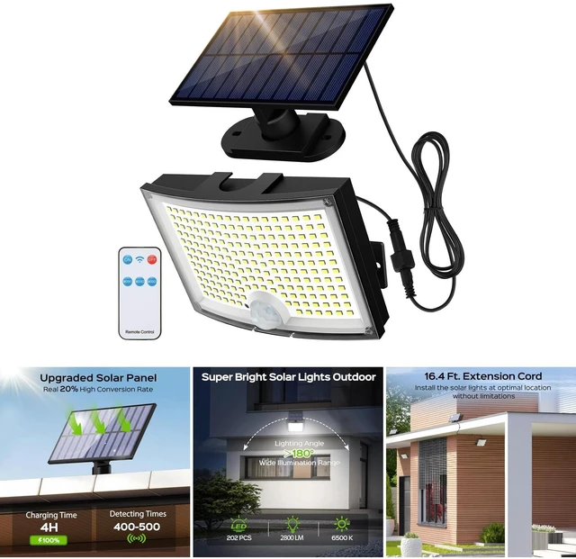 Main image of Solar Outdoor Lights 2Pack, 202 LED Flood Lights with 16.4 ft Cable Remote Control Solar Motion Sensor Outdoor Lights, 3 Modes Solar Powered Security Lights for Outside Patio Yard Garage Garden