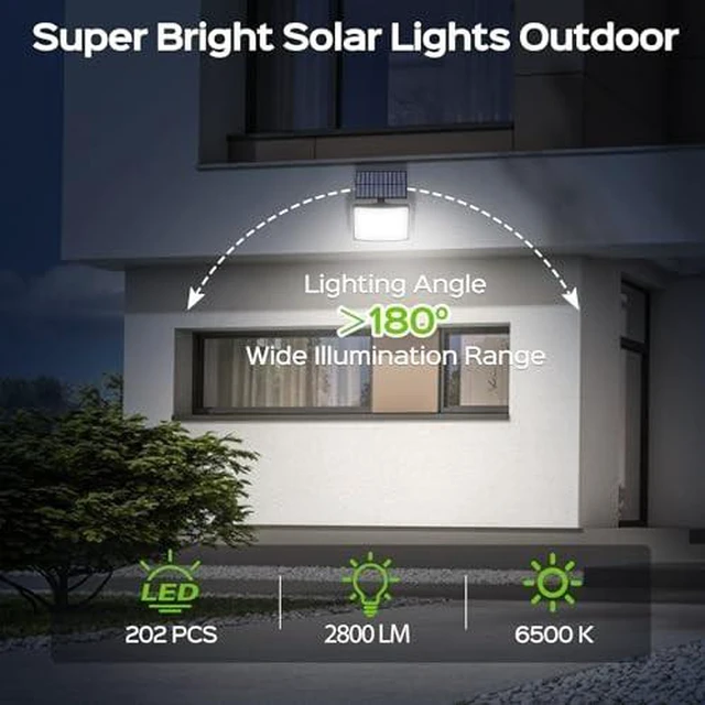 Alt view image 4 of 7 - Solar Outdoor Lights 2Pack, 202 LED Flood Lights with 16.4 ft Cable Remote Control Solar Motion Sensor Outdoor Lights, 3 Modes Solar Powered Security Lights for Outside Patio Yard Garage Garden