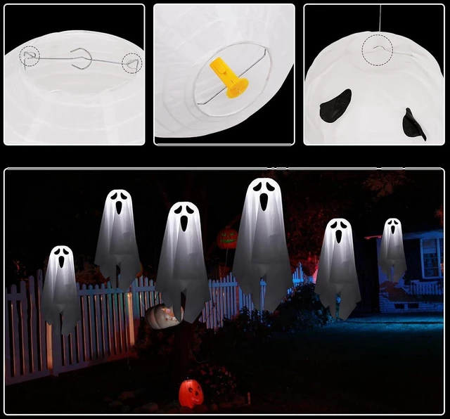 Alt view image 3 of 7 - Halloween Decorations outdoor/indoor-6pcs Hanging Ghost Decor with Light,Halloween Ornaments,Hallowee n Decor for Porch,Tree,Yard,Window,Garden