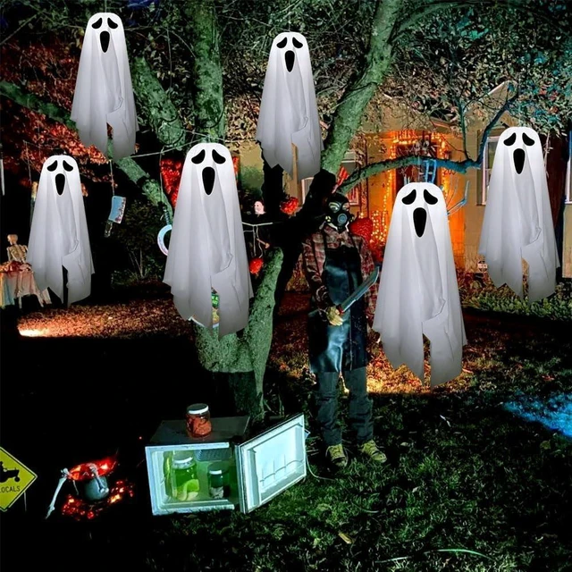 Alt view image 6 of 7 - Halloween Decorations outdoor/indoor-6pcs Hanging Ghost Decor with Light,Halloween Ornaments,Hallowee n Decor for Porch,Tree,Yard,Window,Garden