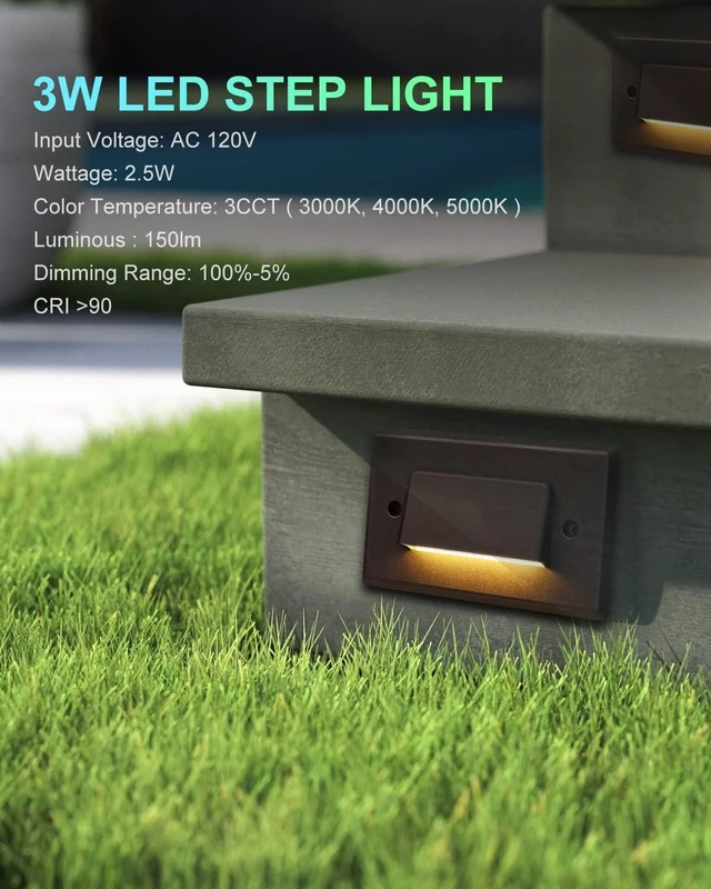 Alt view image 2 of 7 - 3-Pack 120V LED Step Lights, Dimmable 2.5W Indoor Outdoor Stair Light, 150lm Landscape Lighting 3CCT Selectable 3000K-5000K, IP65 Waterproof Stairway Lighting, Oil Rubbed Bronze
