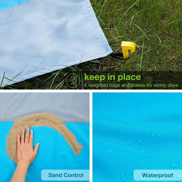 Alt view image 7 of 7 - Beach Blanket Sandproof Waterproof, Extra Large Beach Mat, Oversized & Compact Sand Free, Quick Drying Beach Essentials for Vacation, Cruise, Picnic & Camping with Stakes (83"x78")