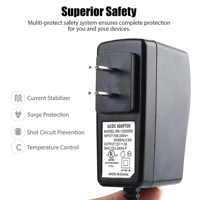 Alt view image 2 of 6 - 12V 2A Power Supply AC Adapter Replacement, Regulated 12 Volts 2000mA Cord Charger for LED Strip Light, CCTV Camera, GPS, Webcam, Router, BT Speaker DC12V Transformer