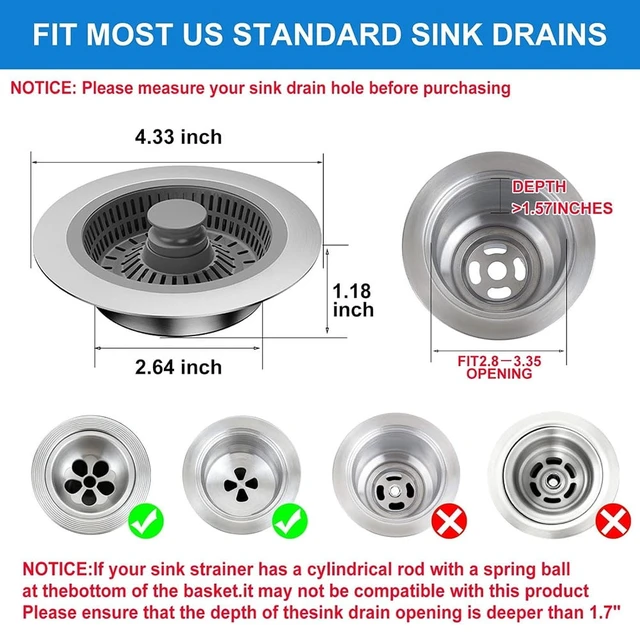 Alt view image 3 of 7 - 3 in 1 Kitchen Sink Drain Strainer & Sink Stopper, Anti-Clogging Sink Food Catcher Basket, Anti-Clog & Odor-Proof Drain Filter, Fits 3-1/2 Inch Sink Drain Holes
