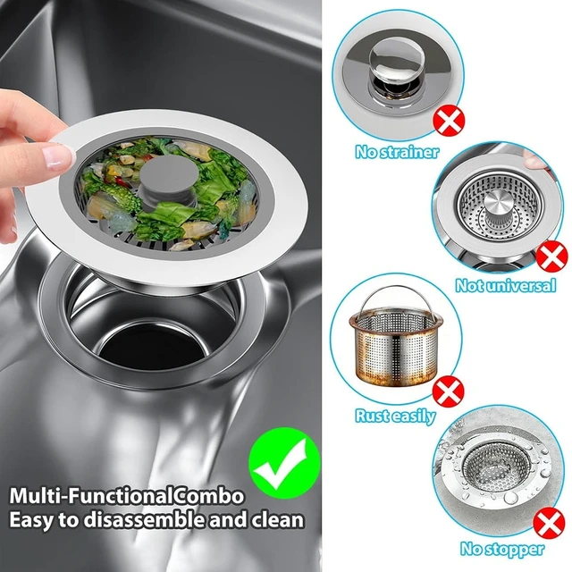 Alt view image 5 of 7 - 3 in 1 Kitchen Sink Drain Strainer & Sink Stopper, Anti-Clogging Sink Food Catcher Basket, Anti-Clog & Odor-Proof Drain Filter, Fits 3-1/2 Inch Sink Drain Holes