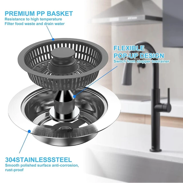 Alt view image 6 of 7 - 3 in 1 Kitchen Sink Drain Strainer & Sink Stopper, Anti-Clogging Sink Food Catcher Basket, Anti-Clog & Odor-Proof Drain Filter, Fits 3-1/2 Inch Sink Drain Holes