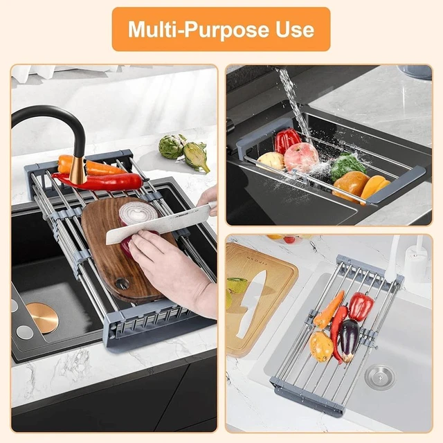 Alt view image 2 of 7 - Dish Drying Rack, Over The Sink Dish Drying Rack, Stainless Steel Dish Drainer with Adjustable Arms Holder Functional Kitchen Sink Organizer for Vegetable and Fruit
