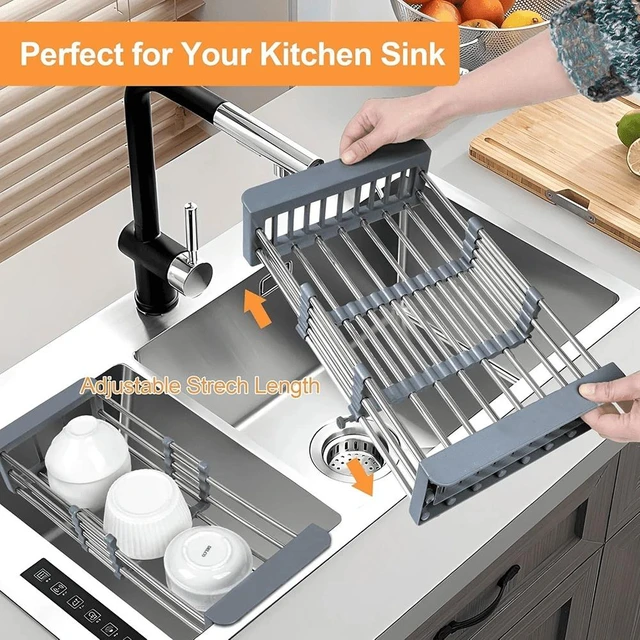 Alt view image 3 of 7 - Dish Drying Rack, Over The Sink Dish Drying Rack, Stainless Steel Dish Drainer with Adjustable Arms Holder Functional Kitchen Sink Organizer for Vegetable and Fruit