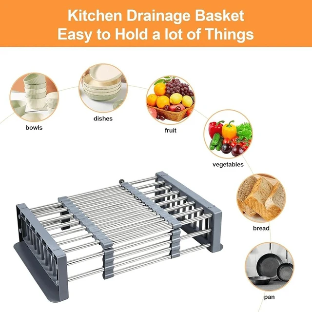Alt view image 4 of 7 - Dish Drying Rack, Over The Sink Dish Drying Rack, Stainless Steel Dish Drainer with Adjustable Arms Holder Functional Kitchen Sink Organizer for Vegetable and Fruit
