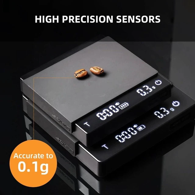 Alt view image 3 of 7 - Mini coffee scale with timer, rechargeable espresso scale with gravity sensing. 2kg capacity / 0.1g precision. Ideal for espresso and pour-over coffee, portable digital kitchen scale, black