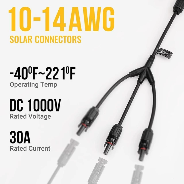 Alt view image 2 of 7 - Solar Y Connectors 1 to 3 Solar Parallel Connectors, 1 Pair Solar Panel Branch, PV Adapter Cable, Wire Plug Tool Kit for RV, Camping, Off-Grid Power Systems (M/FFF and F/MMM)