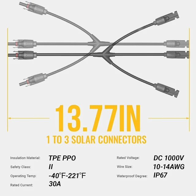 Alt view image 3 of 7 - Solar Y Connectors 1 to 3 Solar Parallel Connectors, 1 Pair Solar Panel Branch, PV Adapter Cable, Wire Plug Tool Kit for RV, Camping, Off-Grid Power Systems (M/FFF and F/MMM)