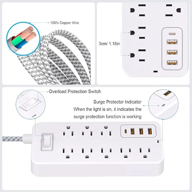 Alt view image 3 of 7 - 12-in-1 Surge Protector Power Strip, 8 Outlets 4 USB Ports (USB-C), 4 FT Long Flat Plug, Wall Mount Charging Station for Home, Garage, Dorm & Office, White