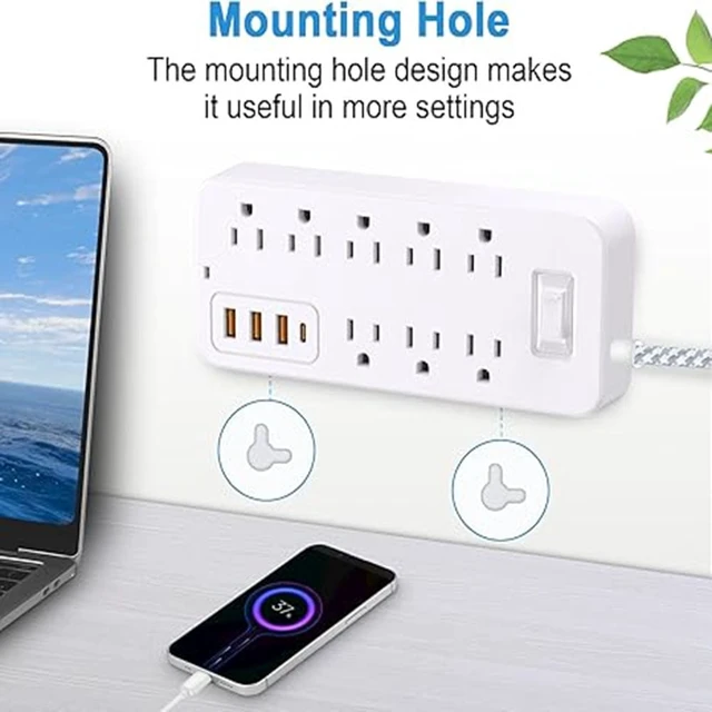 Alt view image 4 of 7 - 12-in-1 Surge Protector Power Strip, 8 Outlets 4 USB Ports (USB-C), 4 FT Long Flat Plug, Wall Mount Charging Station for Home, Garage, Dorm & Office, White