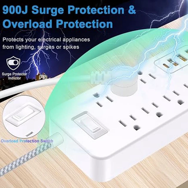 Alt view image 5 of 7 - 12-in-1 Surge Protector Power Strip, 8 Outlets 4 USB Ports (USB-C), 4 FT Long Flat Plug, Wall Mount Charging Station for Home, Garage, Dorm & Office, White