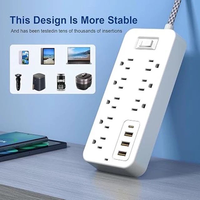 Alt view image 6 of 7 - 12-in-1 Surge Protector Power Strip, 8 Outlets 4 USB Ports (USB-C), 4 FT Long Flat Plug, Wall Mount Charging Station for Home, Garage, Dorm & Office, White