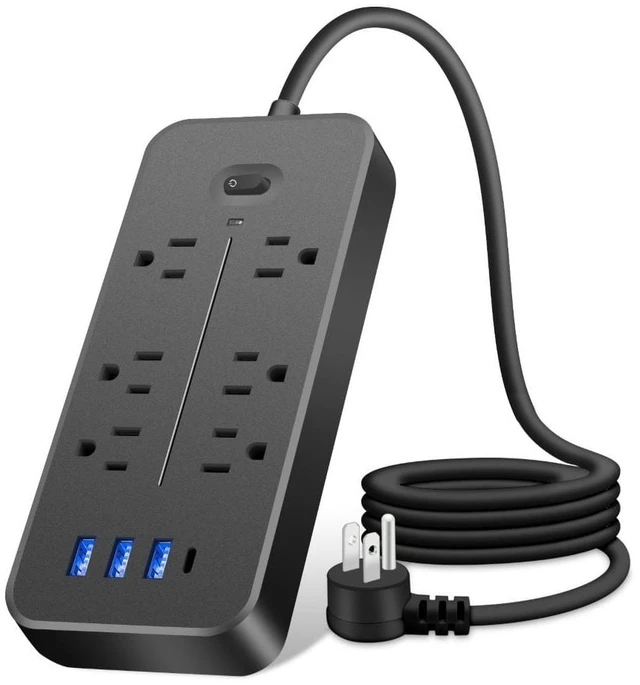 Main image of 6 AC Outlets Surge Protector Power Strip 3 USB A 1 Type C 3.94FT Cord Fireproof Extension Cord for Home Office Dorm Room Gaming, Black