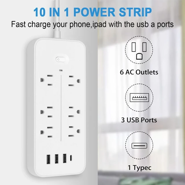 Alt view image 5 of 7 - 6 AC Outlets Surge Protector Power Strip 3 USB A 1 Type C 3.94FT Cord Fireproof Extension Cord for Home Office Dorm Room Gaming, Black