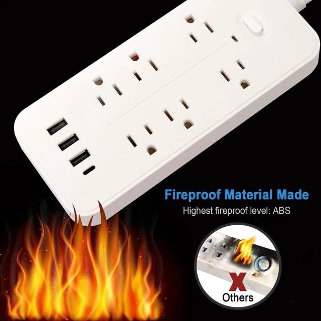 Alt view image 6 of 7 - 6 AC Outlets Surge Protector Power Strip 3 USB A 1 Type C 3.94FT Cord Fireproof Extension Cord for Home Office Dorm Room Gaming, Black