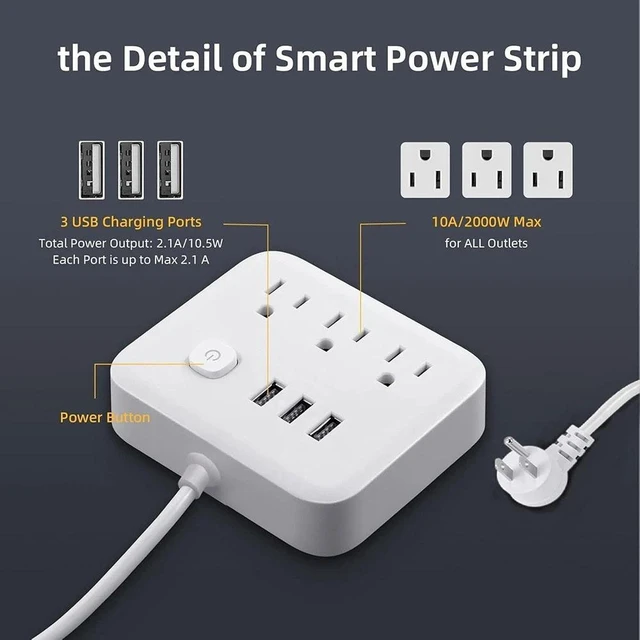 Alt view image 2 of 7 - Surge Protector Power Strip with USB, 4ft, Heavy Duty Extension Cord, 6-in-1, 3 AC Outlets, 3 USB Ports, LED On/Off Switch, Compact & Travel Friendly, Home, Office