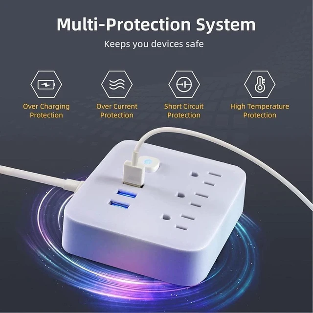 Alt view image 4 of 7 - Surge Protector Power Strip with USB, 4ft, Heavy Duty Extension Cord, 6-in-1, 3 AC Outlets, 3 USB Ports, LED On/Off Switch, Compact & Travel Friendly, Home, Office