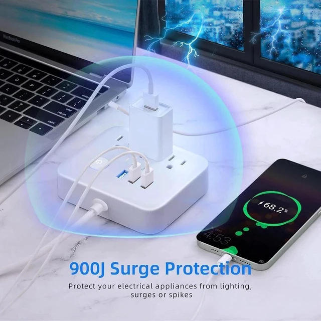 Alt view image 5 of 7 - Surge Protector Power Strip with USB, 4ft, Heavy Duty Extension Cord, 6-in-1, 3 AC Outlets, 3 USB Ports, LED On/Off Switch, Compact & Travel Friendly, Home, Office