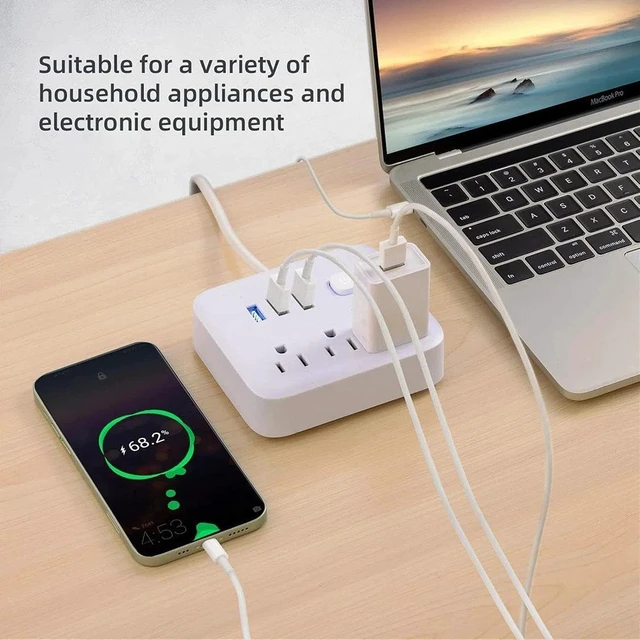 Alt view image 6 of 7 - Surge Protector Power Strip with USB, 4ft, Heavy Duty Extension Cord, 6-in-1, 3 AC Outlets, 3 USB Ports, LED On/Off Switch, Compact & Travel Friendly, Home, Office