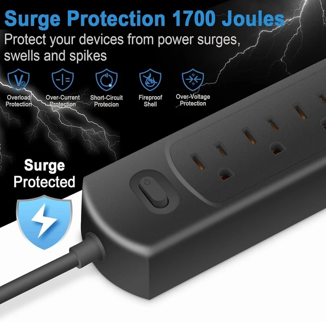 Alt view image 2 of 7 - 4Ft Surge Protector Power Strip with 6 Outlets, Flat Plug Extension Cord with Multiple Outlets for Home, Office, Dorm Essentials, 1700 Joules, ETL Listed, Black