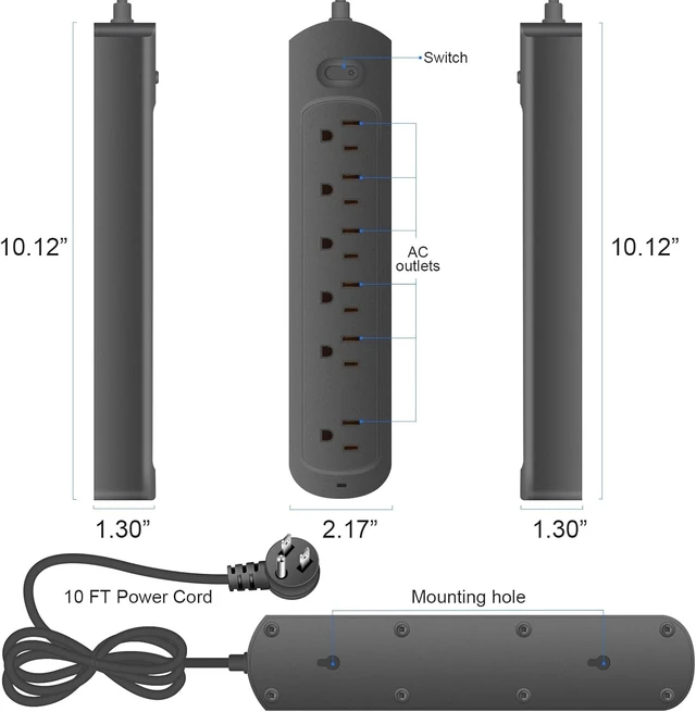 Alt view image 3 of 7 - 4Ft Surge Protector Power Strip with 6 Outlets, Flat Plug Extension Cord with Multiple Outlets for Home, Office, Dorm Essentials, 1700 Joules, ETL Listed, Black