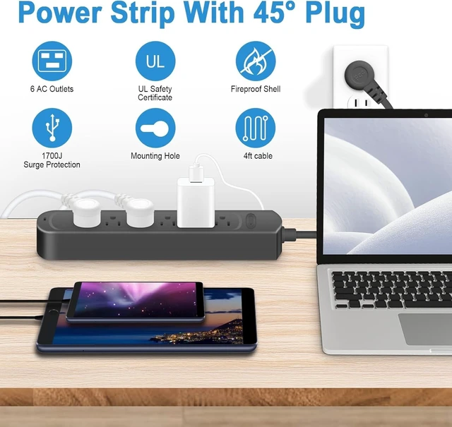 Alt view image 6 of 7 - 4Ft Surge Protector Power Strip with 6 Outlets, Flat Plug Extension Cord with Multiple Outlets for Home, Office, Dorm Essentials, 1700 Joules, ETL Listed, Black