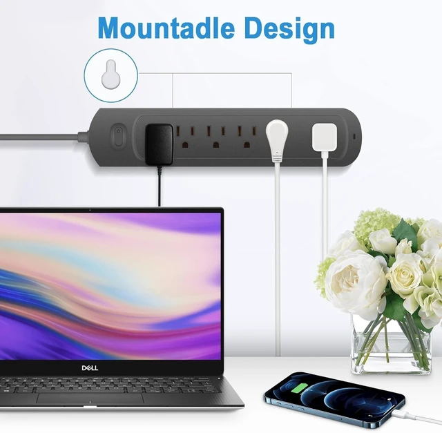Alt view image 5 of 7 - 4Ft Surge Protector Power Strip with 6 Outlets, Flat Plug Extension Cord with Multiple Outlets for Home, Office, Dorm Essentials, 1700 Joules, ETL Listed, Black