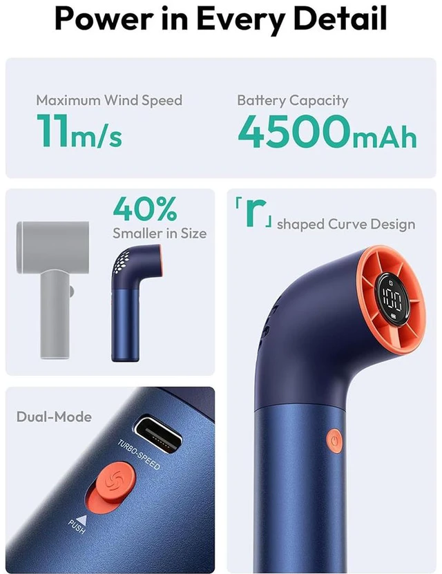 Alt view image 4 of 7 - Portable Handheld Fan, 7 Speeds Aluminum Case Mini Fan, Powerful Turbo 19000 RPM High Speed Aero Ultra, 15H Max Cooling Time, Pocket Rechargeable Personal Small Travel GIfts Blue