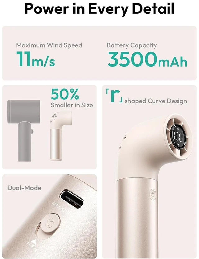 Alt view image 3 of 7 - Portable Aluminum Case Handheld Fan, Powerful Turbo Air Tube Fan, 6 Speeds 19000 RPM High Speed Aero Pro, 15H Max Cooling Time, Mini Pocket Design, for Travel Beach Outdoor Activities Gold