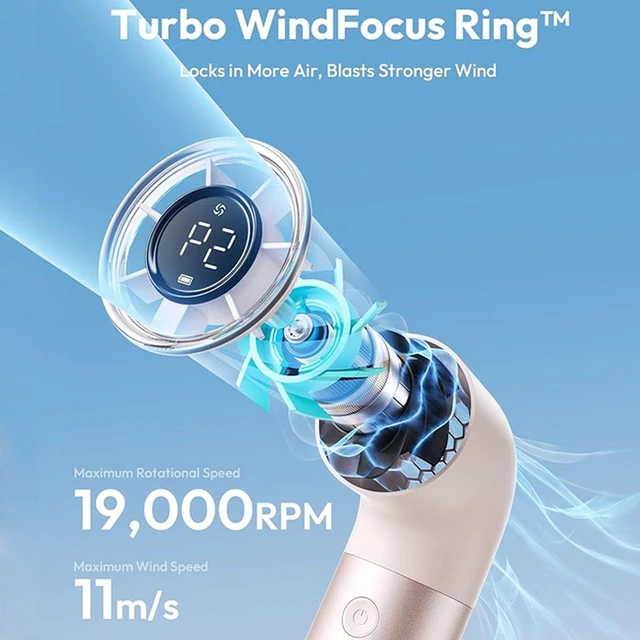 Alt view image 4 of 7 - Portable Aluminum Case Handheld Fan, Powerful Turbo Air Tube Fan, 6 Speeds 19000 RPM High Speed Aero Pro, 15H Max Cooling Time, Mini Pocket Design, for Travel Beach Outdoor Activities Gold