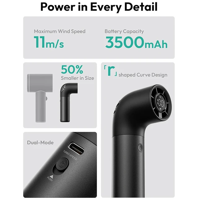 Alt view image 5 of 7 - Portable Aluminum Case Handheld Fan, Powerful Turbo Air Tube Fan, 6 Speeds 19000 RPM High Speed Aero Pro, 15H Max Cooling Time, Mini Pocket Design, for Travel Beach Outdoor Activities Black