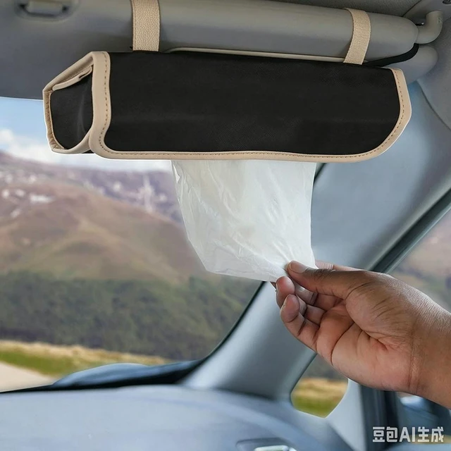 Alt view image 4 of 7 - Car tissue and napkin holder for car Hanging Tissue Holder Holder Reusable Tissue Holder Cloth Tissue Box Cloth Cover Hang Paper Towel Holder Tissue Box Cover Tissue Holder Beige