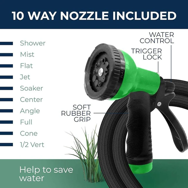 Alt view image 5 of 7 - 75ft Garden Hose with 10 Function Nozzle, Expandable, Lightweight & No-Kink, 3/4 inch Solid Brass Connectors, No-Burst Design for Watering, Washing Car, Green