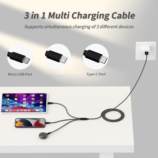 Alt view image 5 of 6 - 3 IN 1 Multi Charging Cable, Phone Chargers for Multiple Devices, 2Pack 4FT USB Cable Charging Cords with Type-C, IP, Micro USB for Android/Office/Home, Car Accessories Travel Essentials