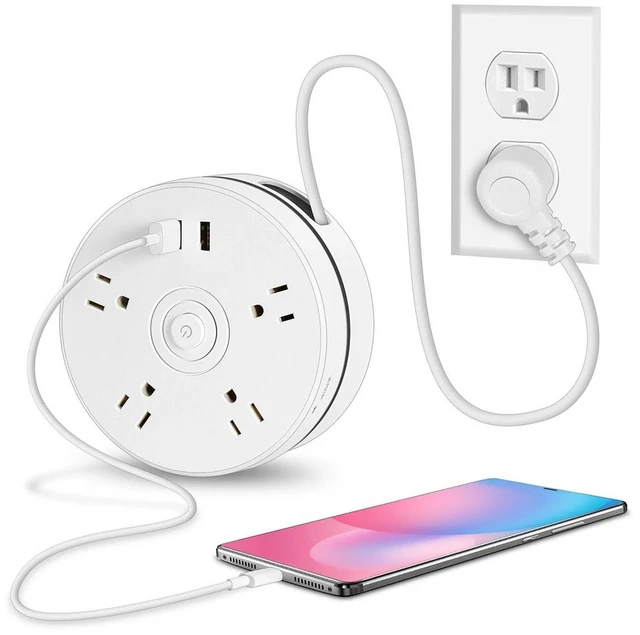 Main image of 6-in-1 Multi-Function Power Strip: 4 AC Outlets + 2 USB Ports, 6-Foot Retractable Power Cord, US-Standard Plug, Portable Travel Power Strip, White